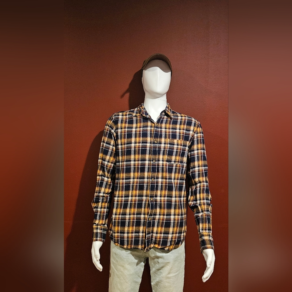 Men's J. Crew Flannel Size Large Slim Fit - Yellow, Brown, Blue, And White Plaid